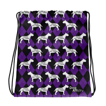 Bull Terrier Argyle Purple and Black Drawstring bag
