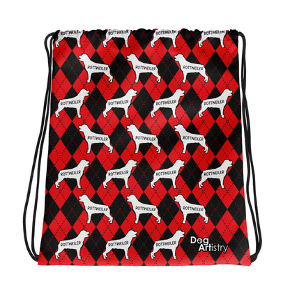 Rottweiler Argyle Red and Black Drawstring bag