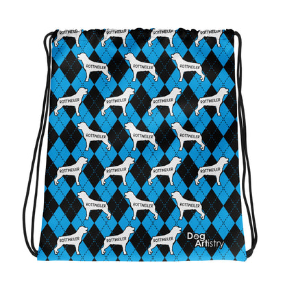Rottweiler Argyle Blue and Black Drawstring bag