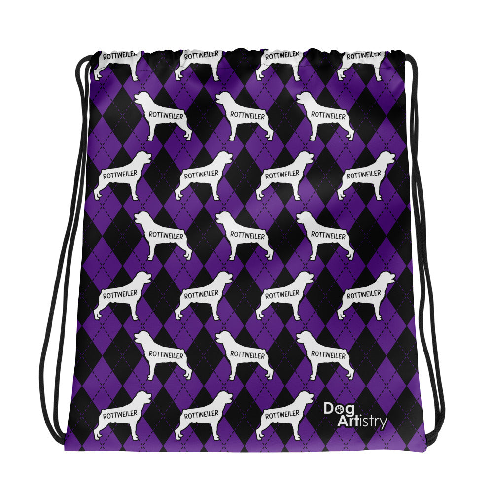 Rottweiler Argyle Purple and Black Drawstring bag