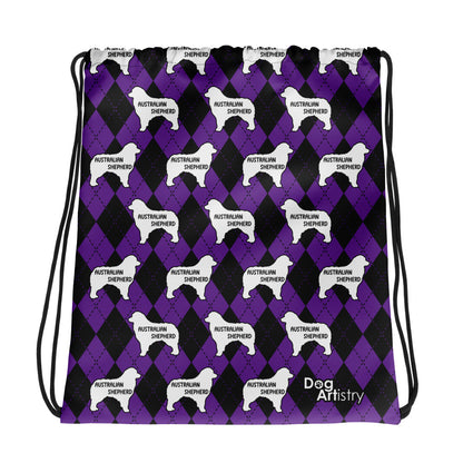 Australian Shepherd Purple Argyle Drawstring bag