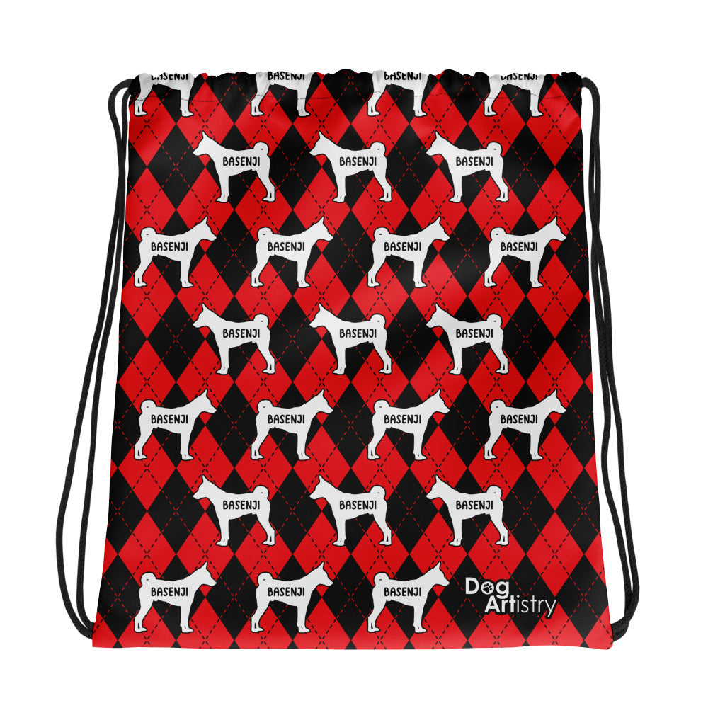 Basenji Red Argyle Drawstring bag