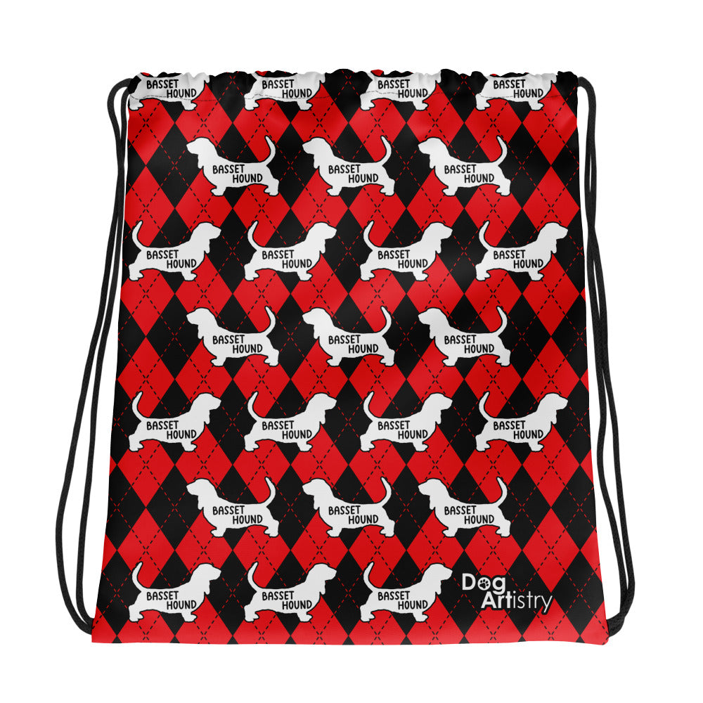 Basset Hound Red Argyle Drawstring bag