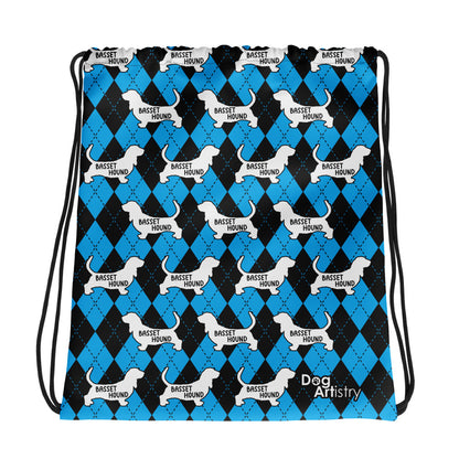 Basset Hound Blue Argyle Drawstring bag