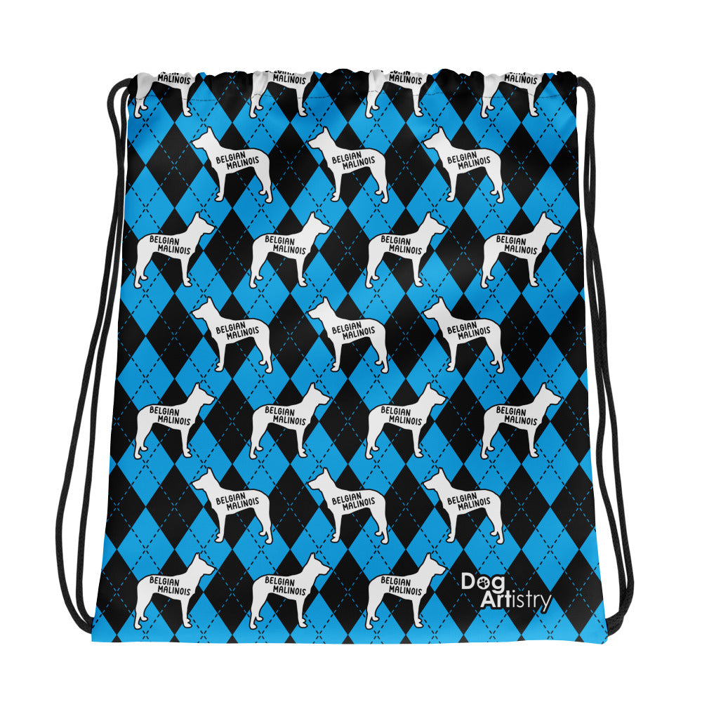 Belgian Malinois Blue Argyle Drawstring bag