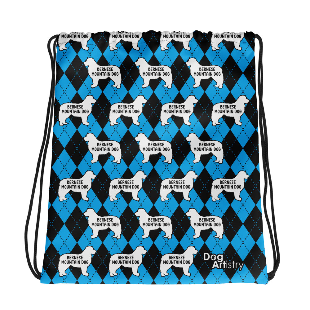 Bernese Mountain Dog Blue Argyle Drawstring bag