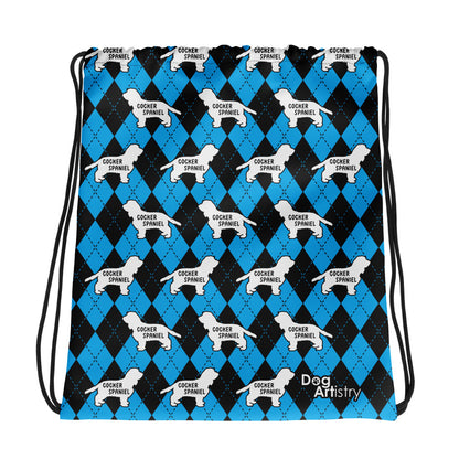 Cocker Spaniel Blue Argyle Drawstring bag