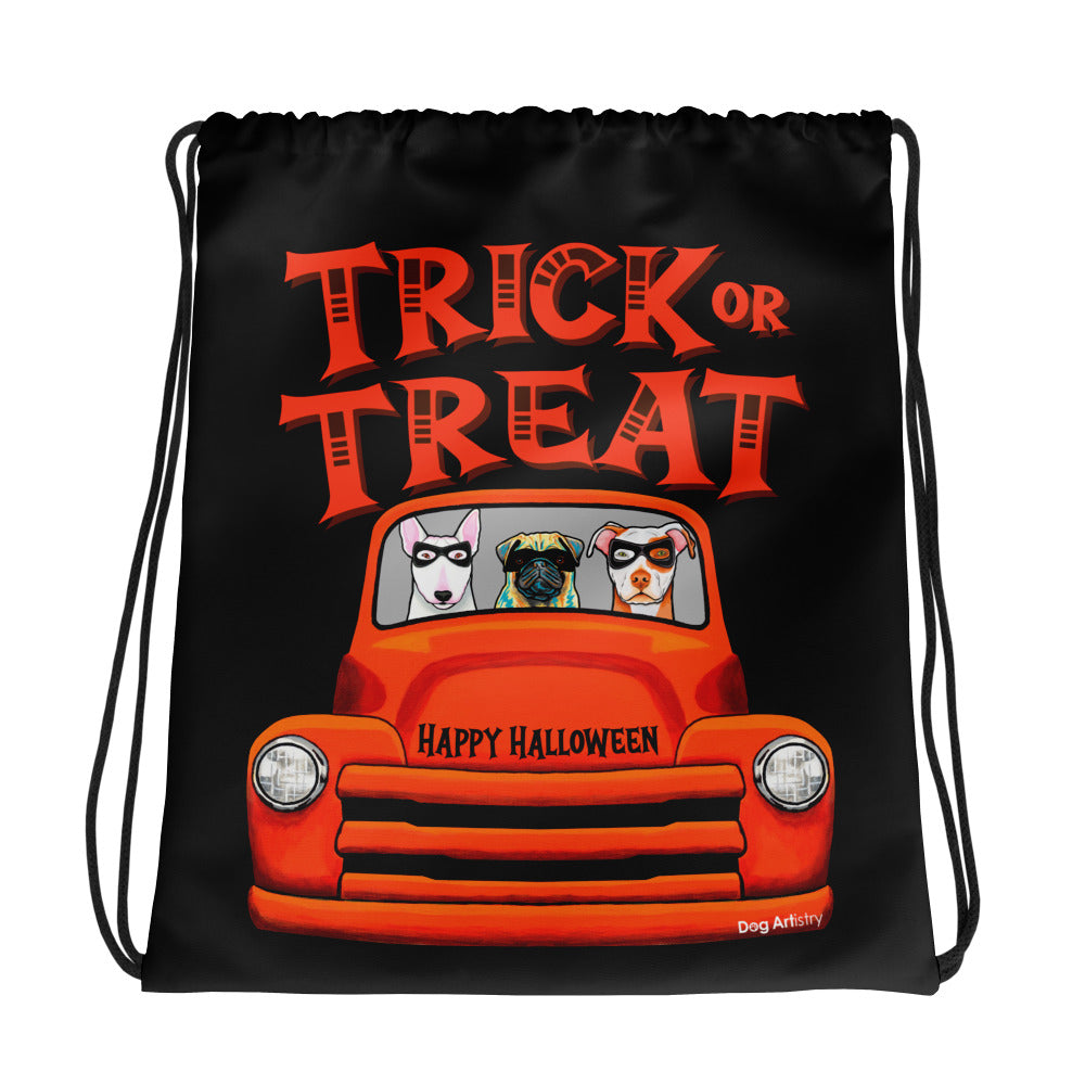 Cool Trick or Treat Halloween candy bag of old truck with English Bull Terrier, Pug, and American Pit Bull wearing masks by Dog Artistry. 