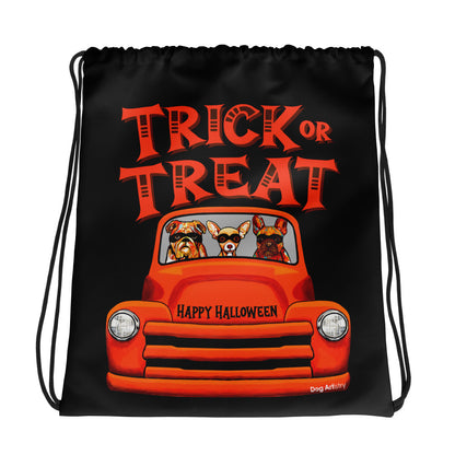 Funny Trick or Treat Halloween candy bag of old truck with English Bulldog, Chihuahua, and French Bulldog wearing masks by Dog Artistry. 