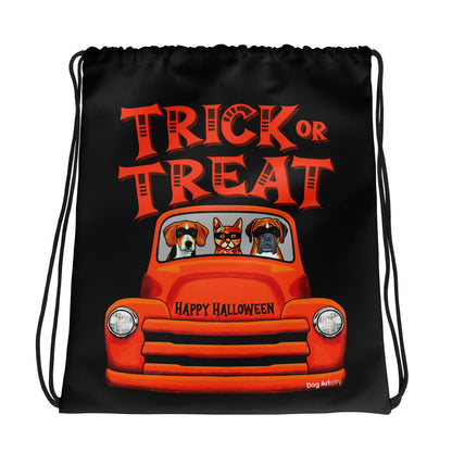 Funny Trick or Treat Halloween candy bag of old truck with Beagle, Cat, and Boxer wearing masks by Dog Artistry. 
