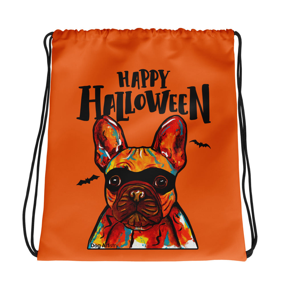 Happy Halloween French Bulldog wearing mask Orange drawstring bag by Dog Artistry Halloween candy bag. Funny dog Halloween candy bag.