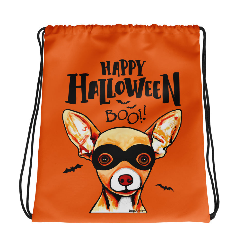 Happy Halloween Chihuahua wearing mask Orange drawstring bag by Dog Artistry Halloween candy bag. Kids Halloween candy bag.