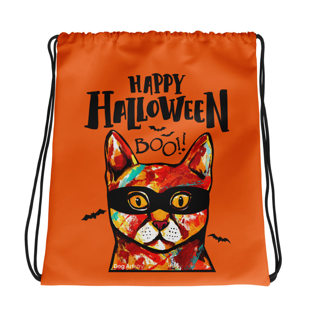 Happy Halloween Cat wearing mask Orange drawstring bag by Dog Artistry Halloween candy bag. Funny halloween bag.