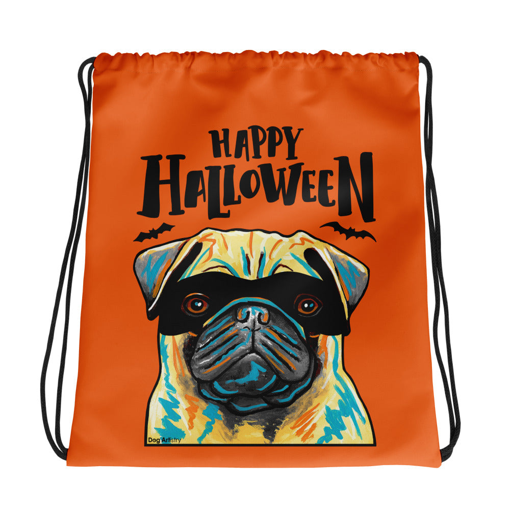 Funny Happy Halloween Pug wearing mask Orange drawstring bag by Dog Artistry Halloween candy bag.