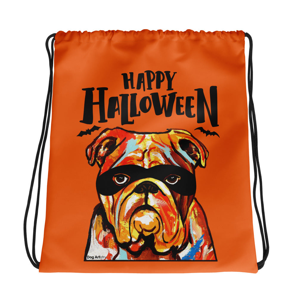 Happy Halloween English Bulldog wearing mask Orange drawstring bag by Dog Artistry Halloween candy bag. Funny dog Halloween candy bag.