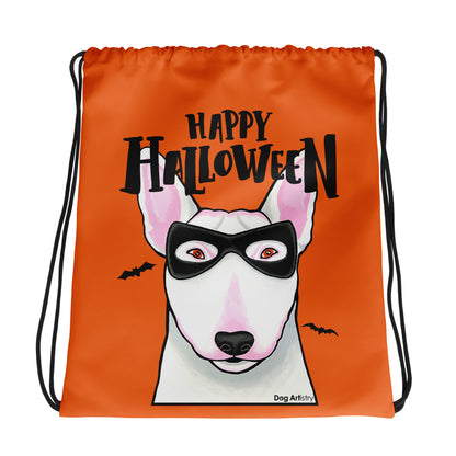 Happy Halloween English Bull Terrier wearing mask Orange drawstring bag by Dog Artistry Halloween candy bag. Funny Halloween candy bag.