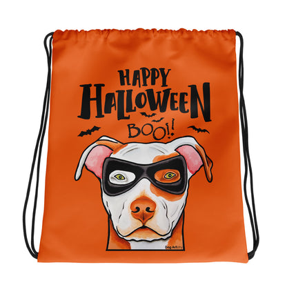 Funny Happy Halloween American Pit Bull wearing mask Orange drawstring bag by Dog Artistry Halloween candy bag.
