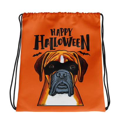 Happy Halloween Boxer Dog wearing mask Orange drawstring bag by Dog Artistry Halloween candy bag. Kids Halloween bag.