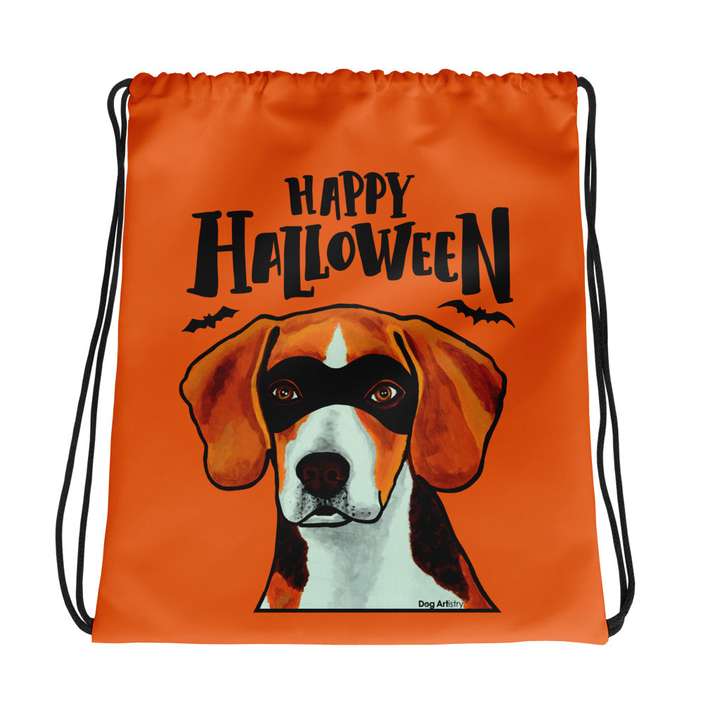 Cool Happy Halloween Beagle wearing mask drawstring bag by Dog Artistry Halloween candy bag.