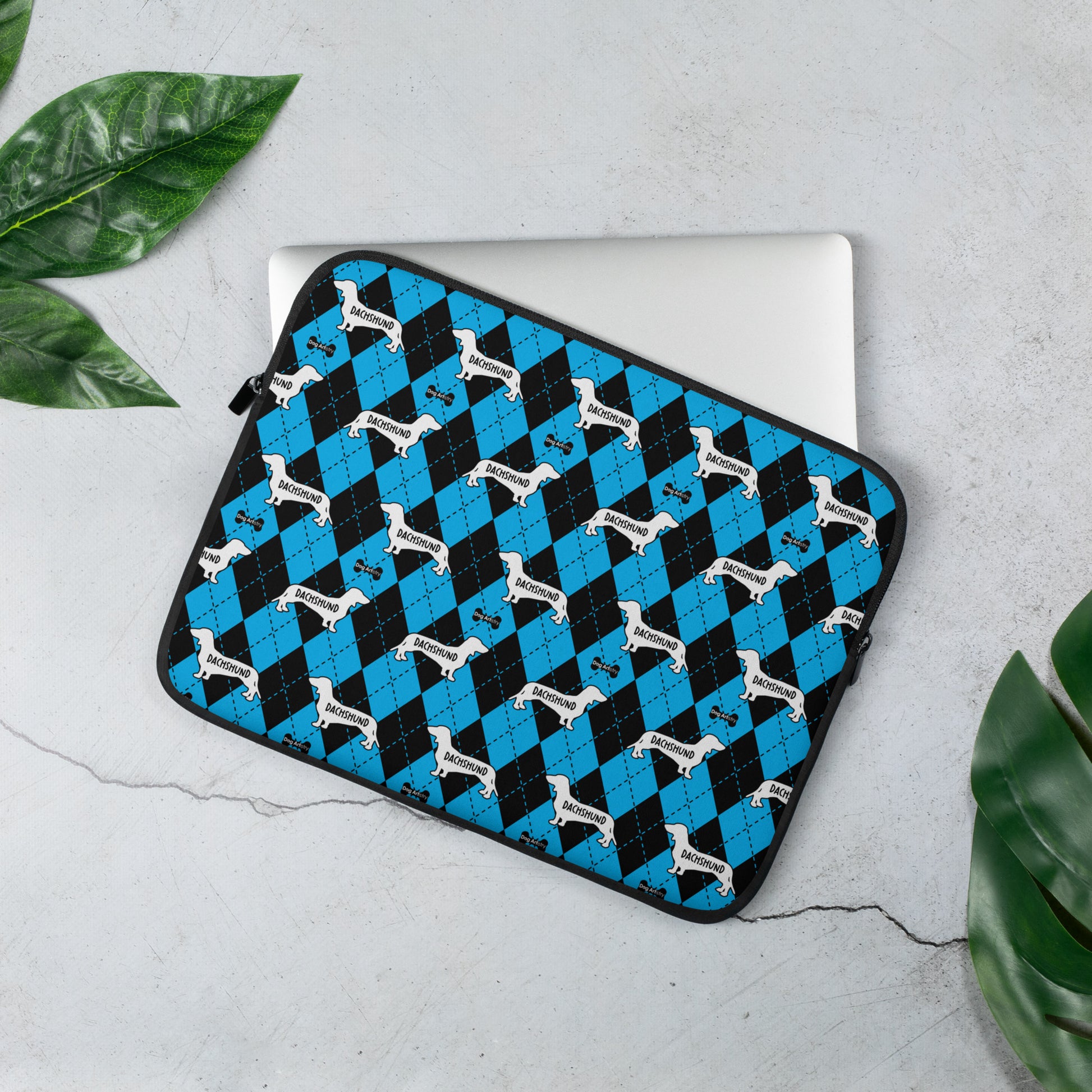 Dachshund blue and black argyle laptop sleeve by Dog Artistry