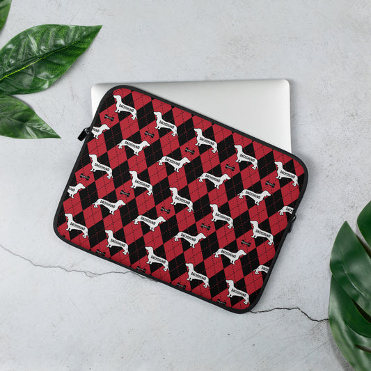Dachshund red and black argyle laptop sleeve by Dog Artistry