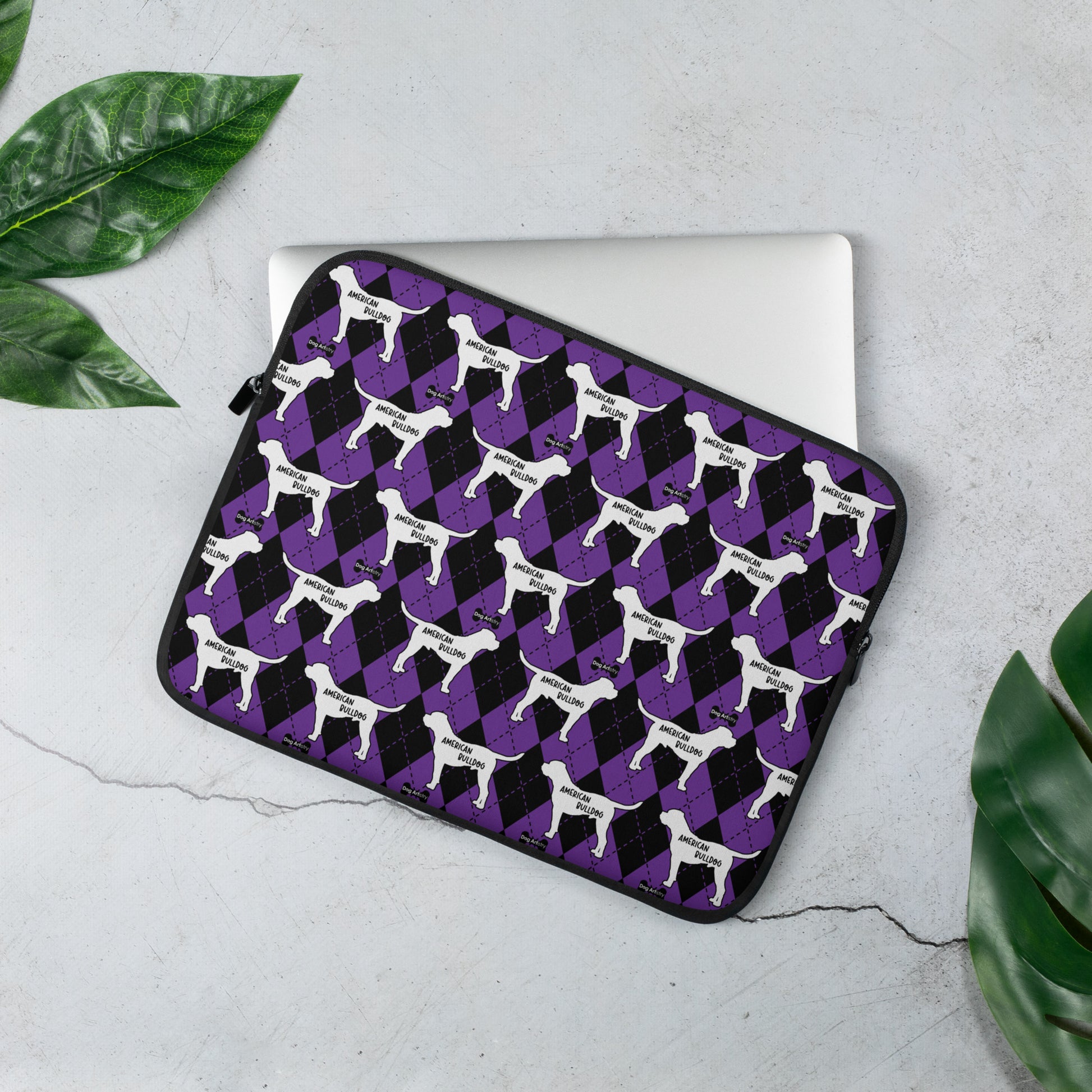 American Bulldog purple and black argyle laptop sleeve by Dog Artistry