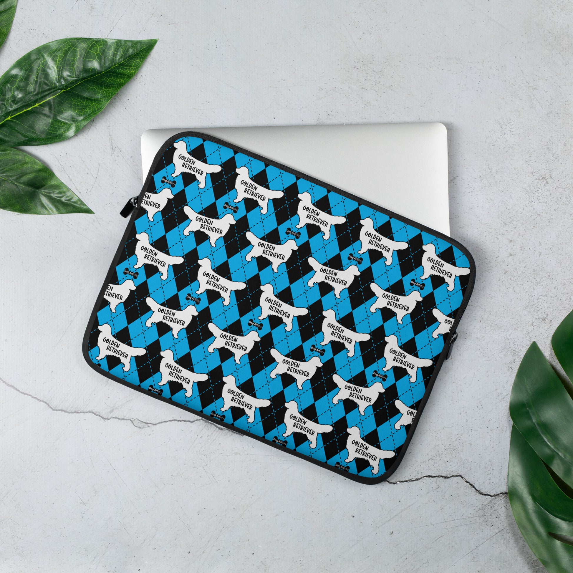 Golden Retriever blue and black argyle laptop sleeve by Dog Artistry