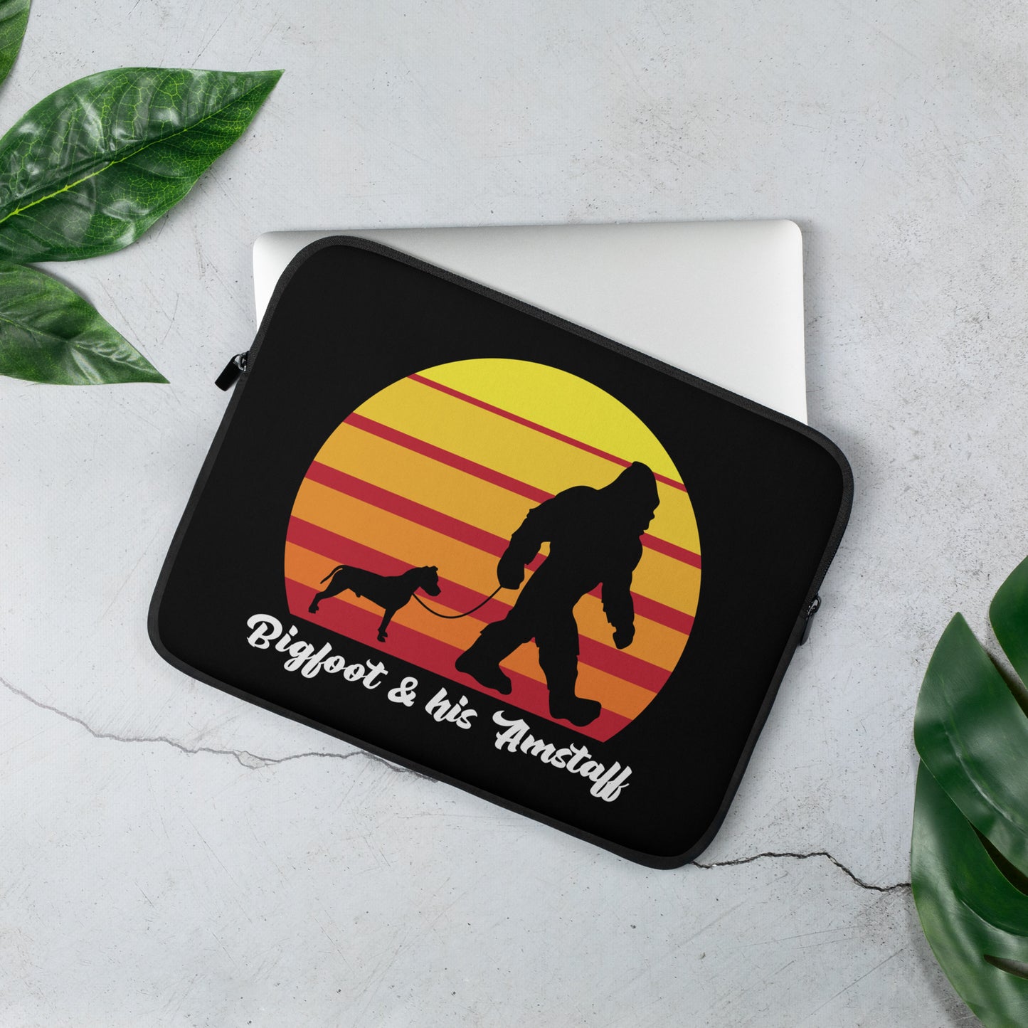 Bigfoot and his American Staffordshire Terrier Laptop Sleeve by Dog Artistry.