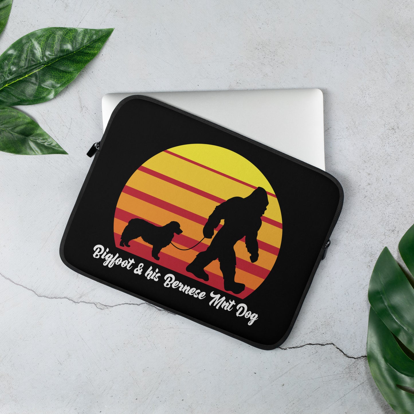 Bigfoot and his Bernese Mountain Dog Laptop Sleeve by Dog Artistry.