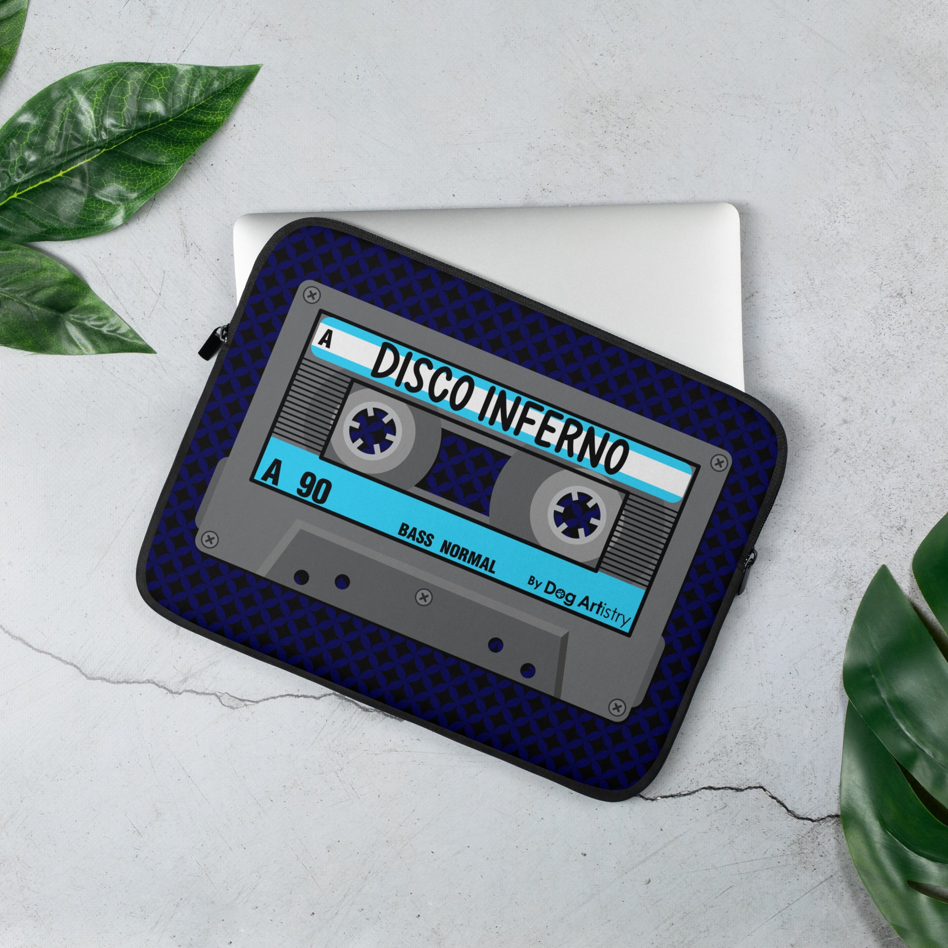 Cassette Tape Disco Inferno music laptop sleeve designed by Dog Artistry.