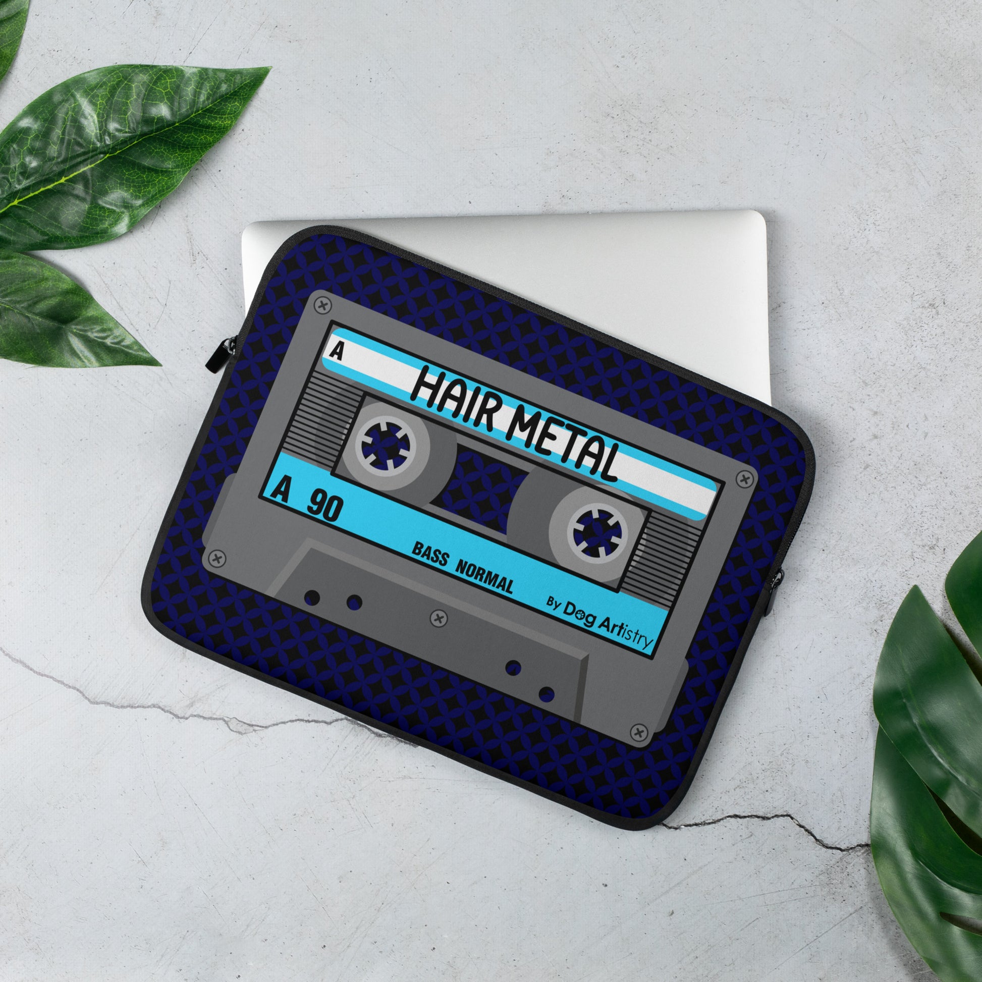 Cassette Tape Hair Metal music laptop sleeve designed by Dog Artistry.