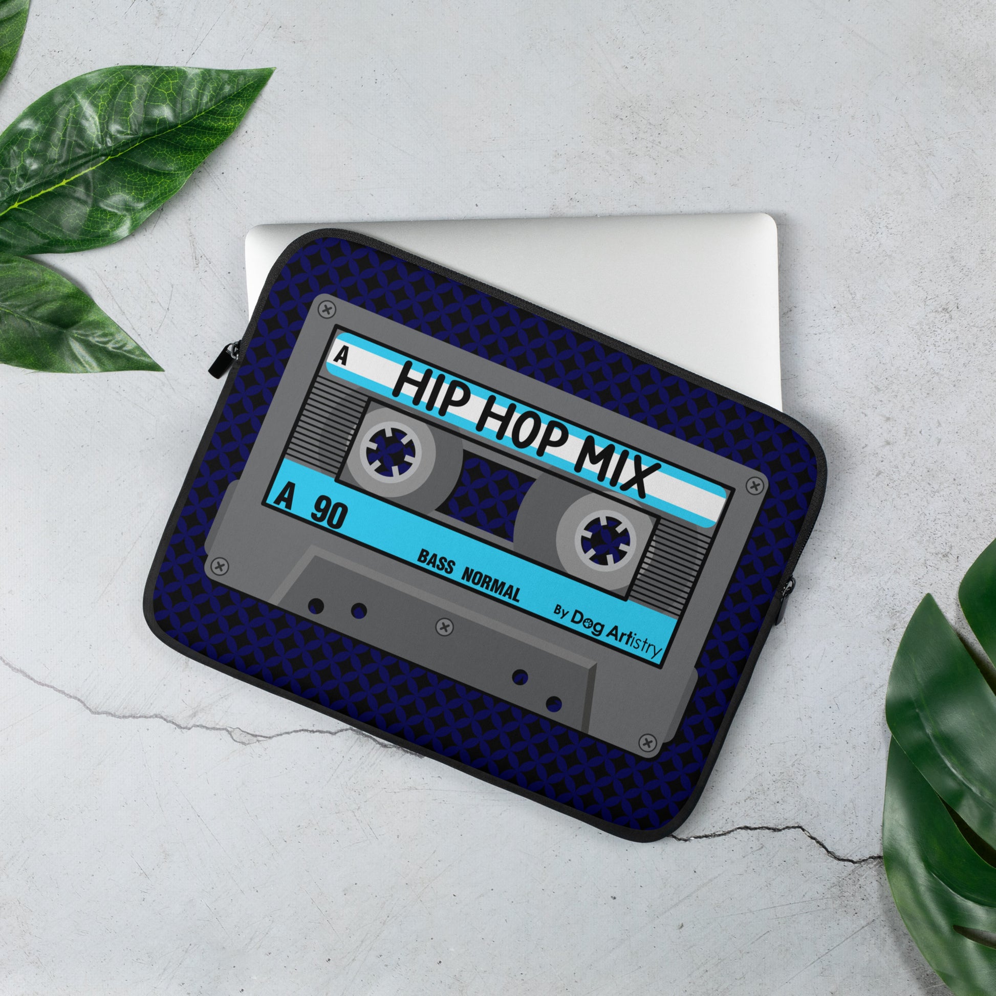 Cassette Tape Hip Hop Mix music laptop sleeve designed by Dog Artistry.