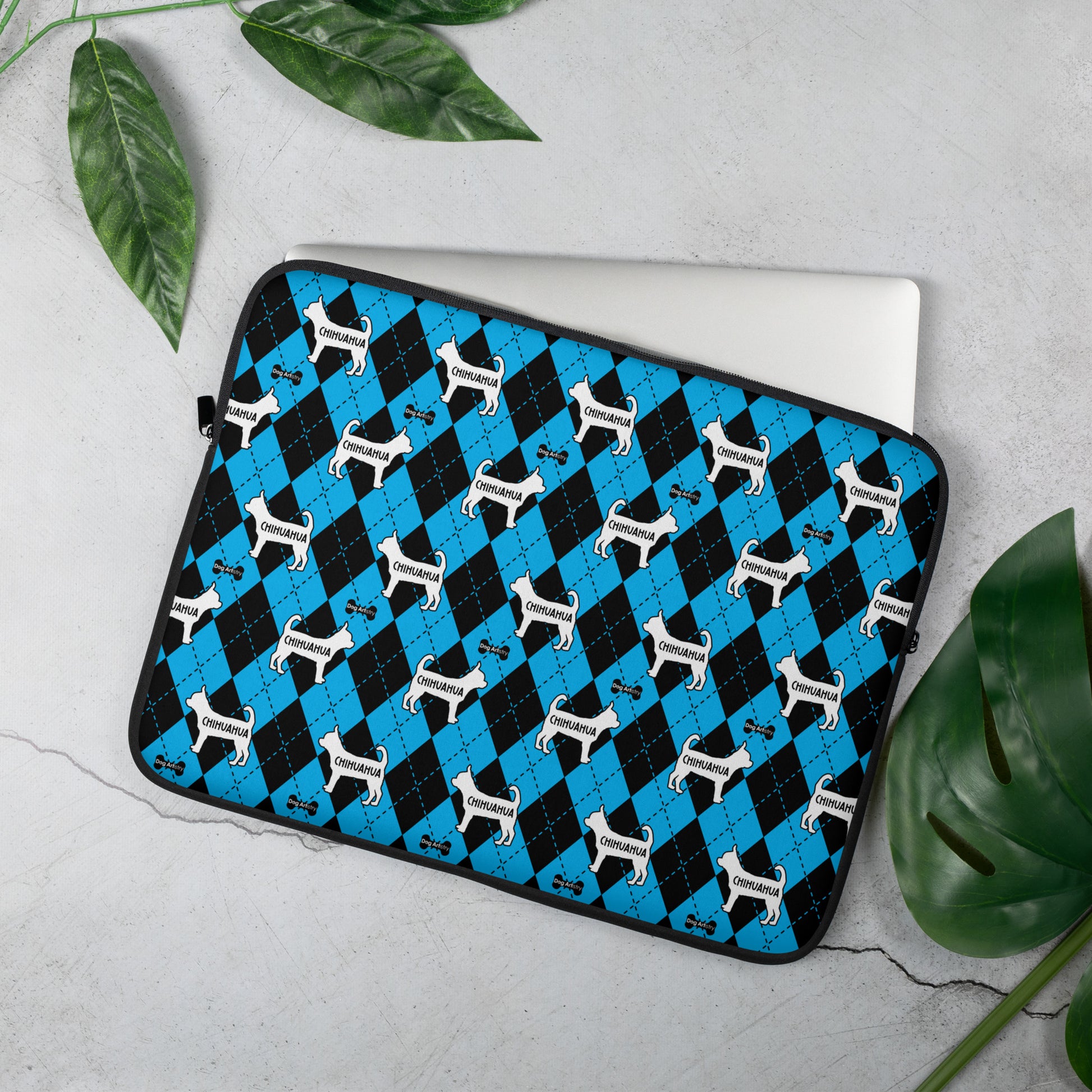 Chihuahua blue and black argyle laptop sleeve by Dog Artistry