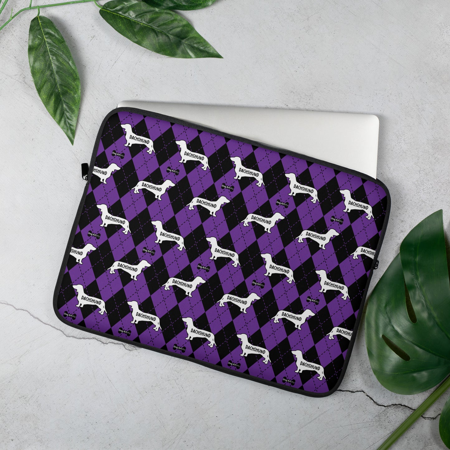 Dachshund purple and black argyle laptop sleeve by Dog Artistry