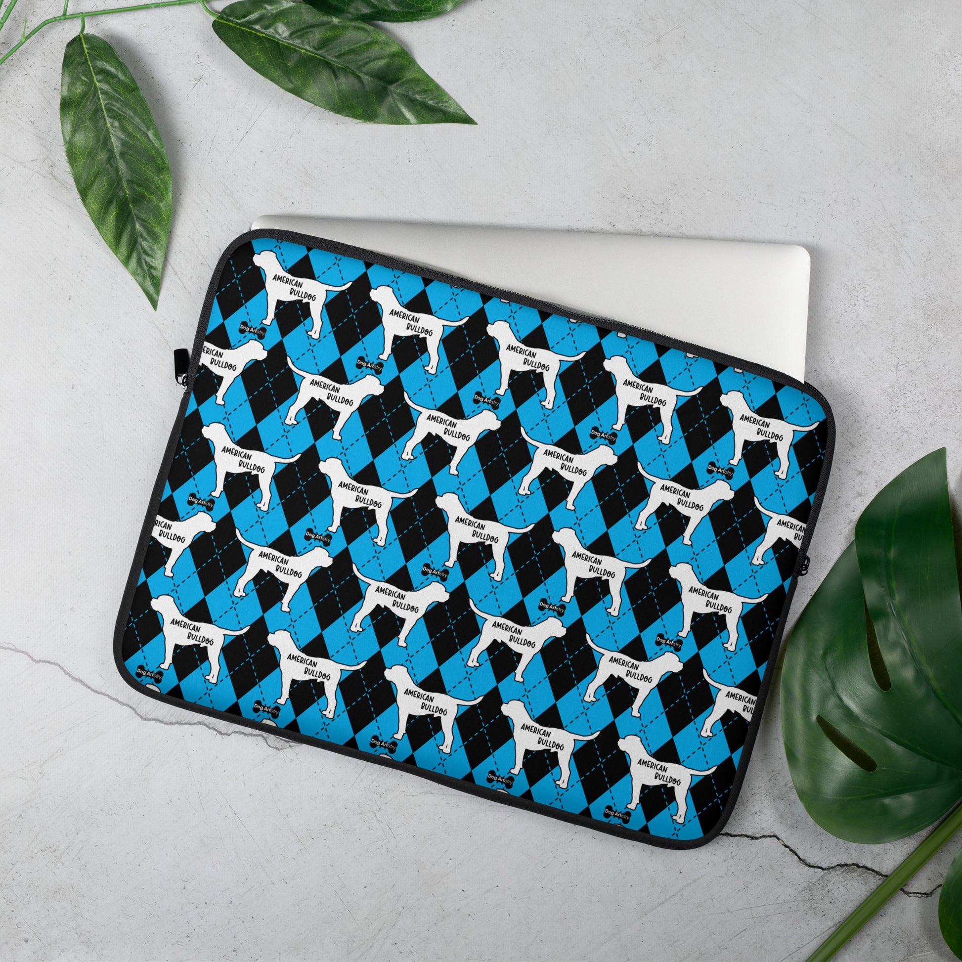 American Bulldog blue and black argyle laptop sleeve by Dog Artistry