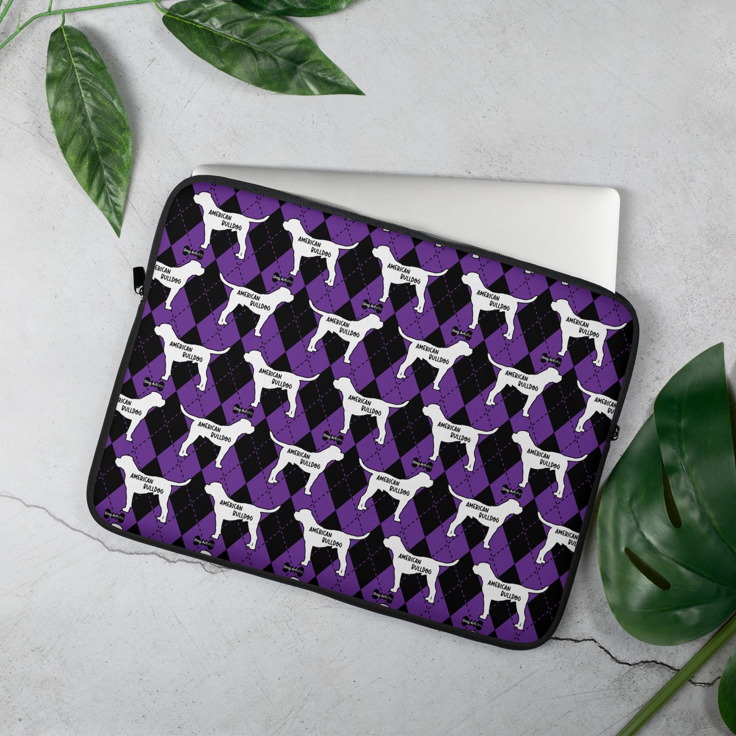 American Bulldog purple and black argyle laptop sleeve by Dog Artistry