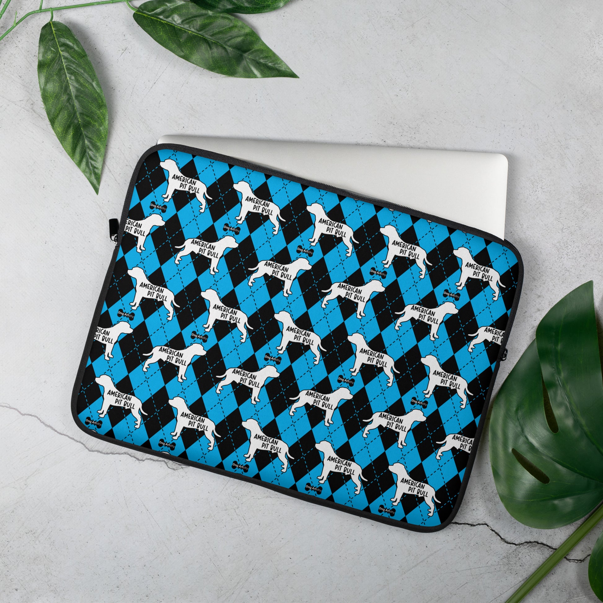American Pit Bull blue and black argyle laptop sleeve by Dog Artistry