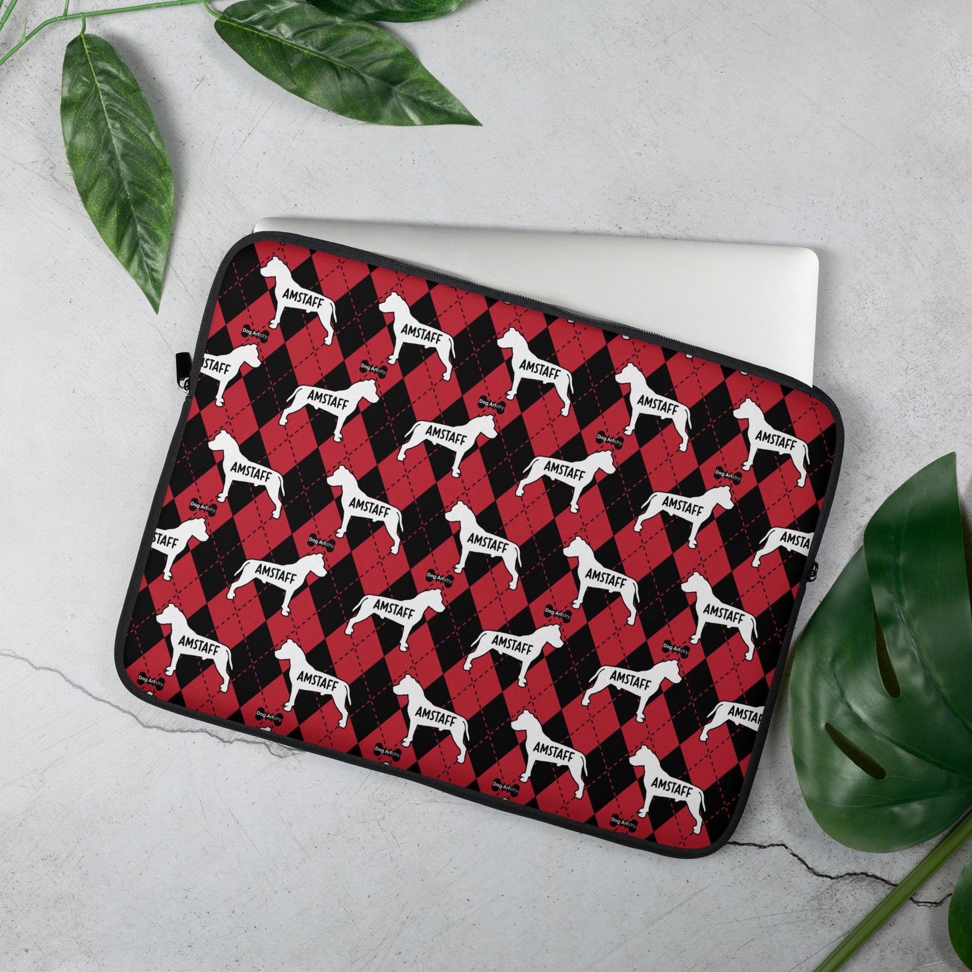 Amstaff red and black argyle laptop sleeve by Dog Artistry