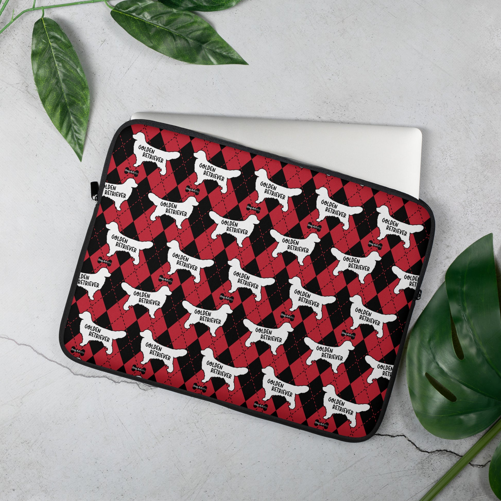 Golden Retriever red and black argyle laptop sleeve by Dog Artistry
