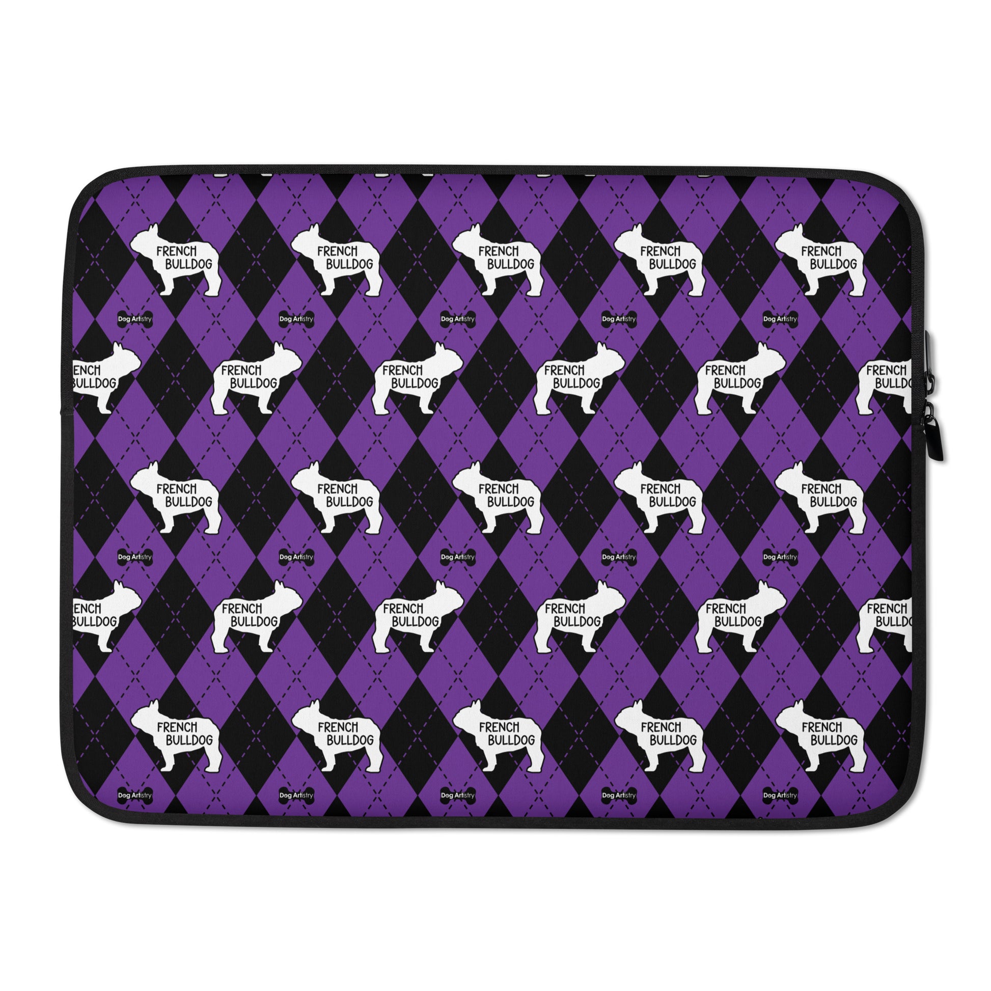 French Bulldog purple and black argyle laptop sleeve by Dog Artistry
