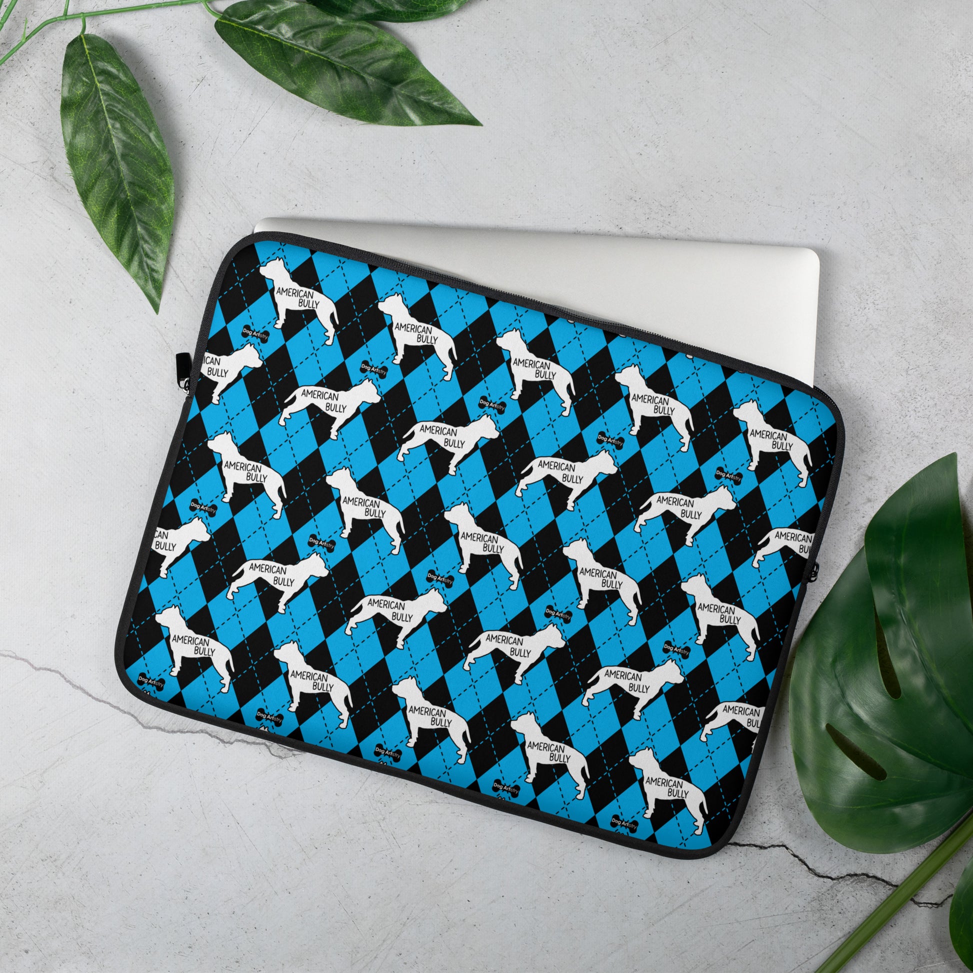 American Bully blue and black argyle laptop sleeve by Dog Artistry