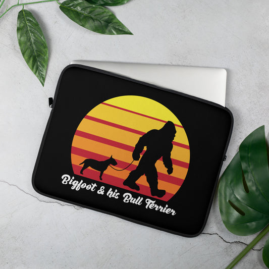 Bigfoot and his English Bull Terrier Laptop Sleeve by Dog Artistry.