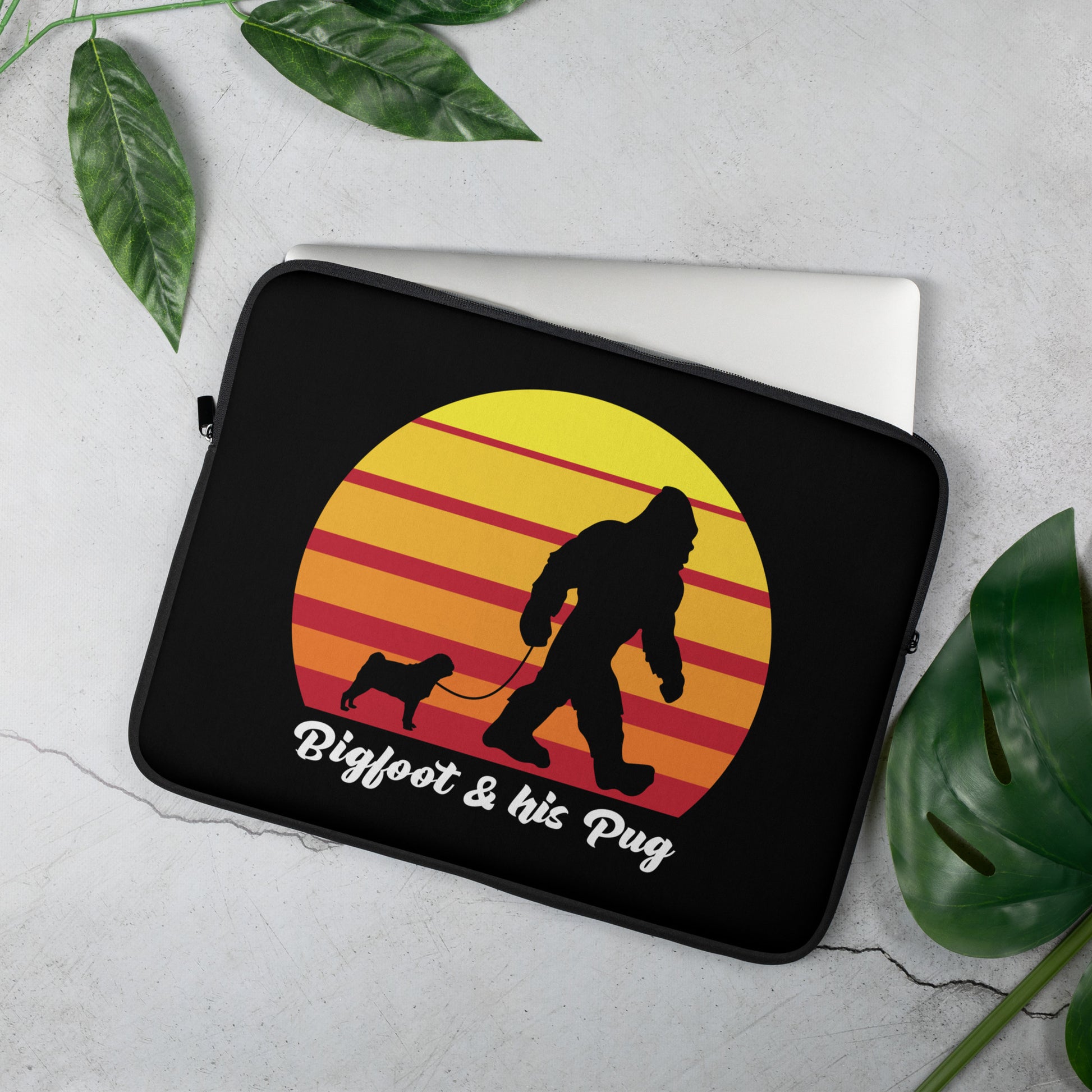 Bigfoot and his Pug Laptop Sleeve by Dog Artistry.