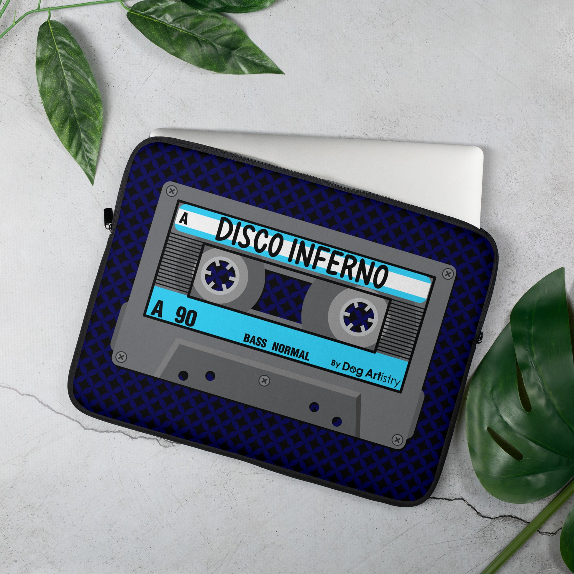 Cassette Tape Disco Inferno music laptop sleeve designed by Dog Artistry.