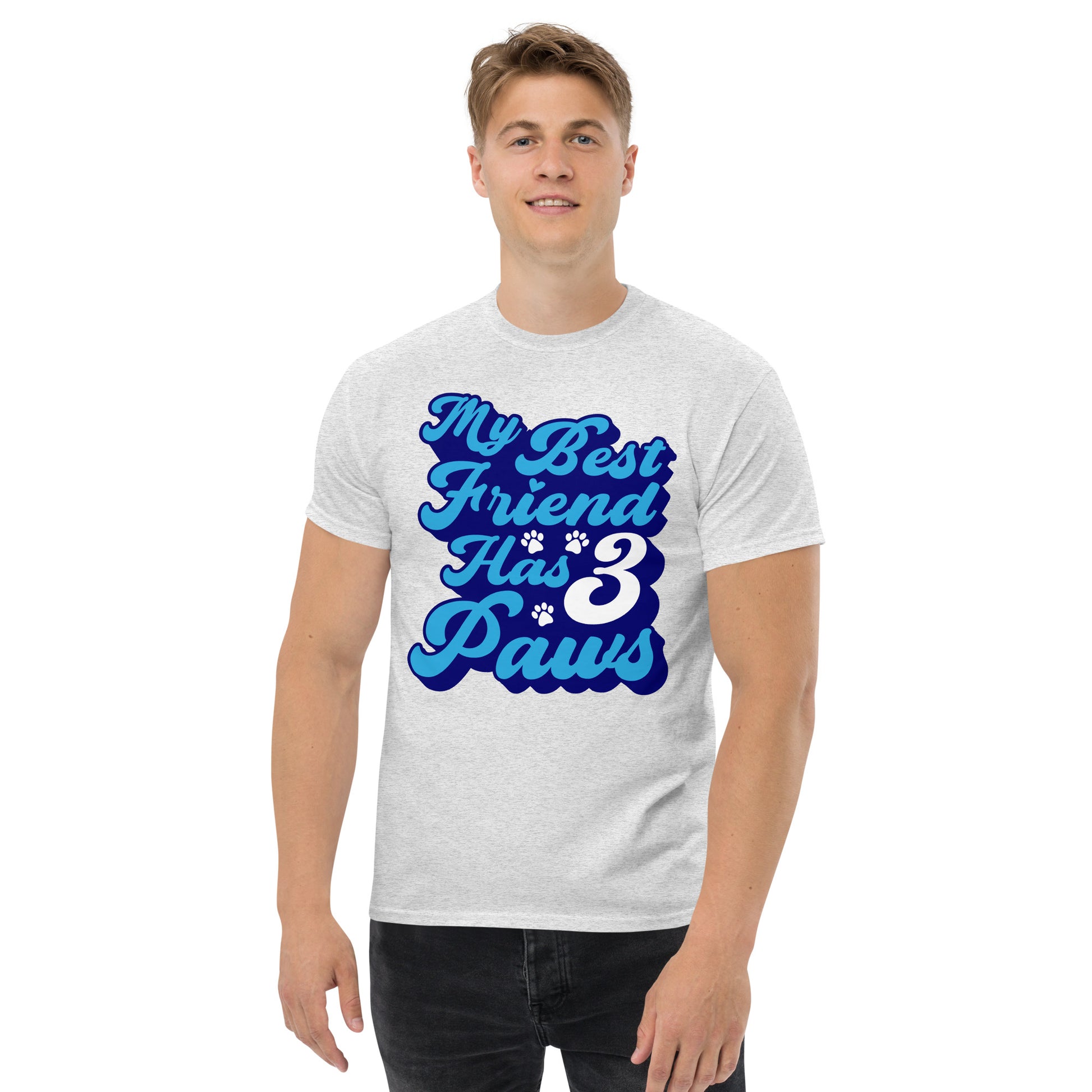 My best friend has 3 Paws men’s t-shirts by Dog Artistry ash color