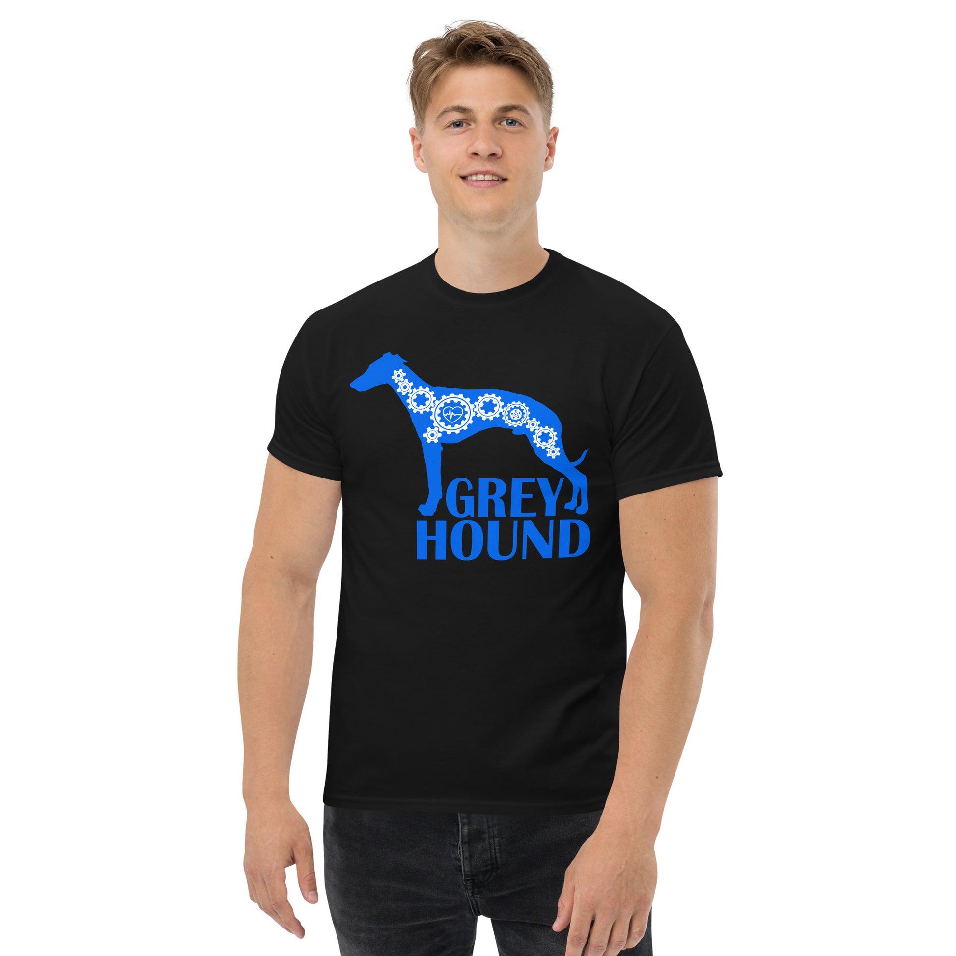 Greyhound Bionic men’s black t-shirt by Dog Artistry.