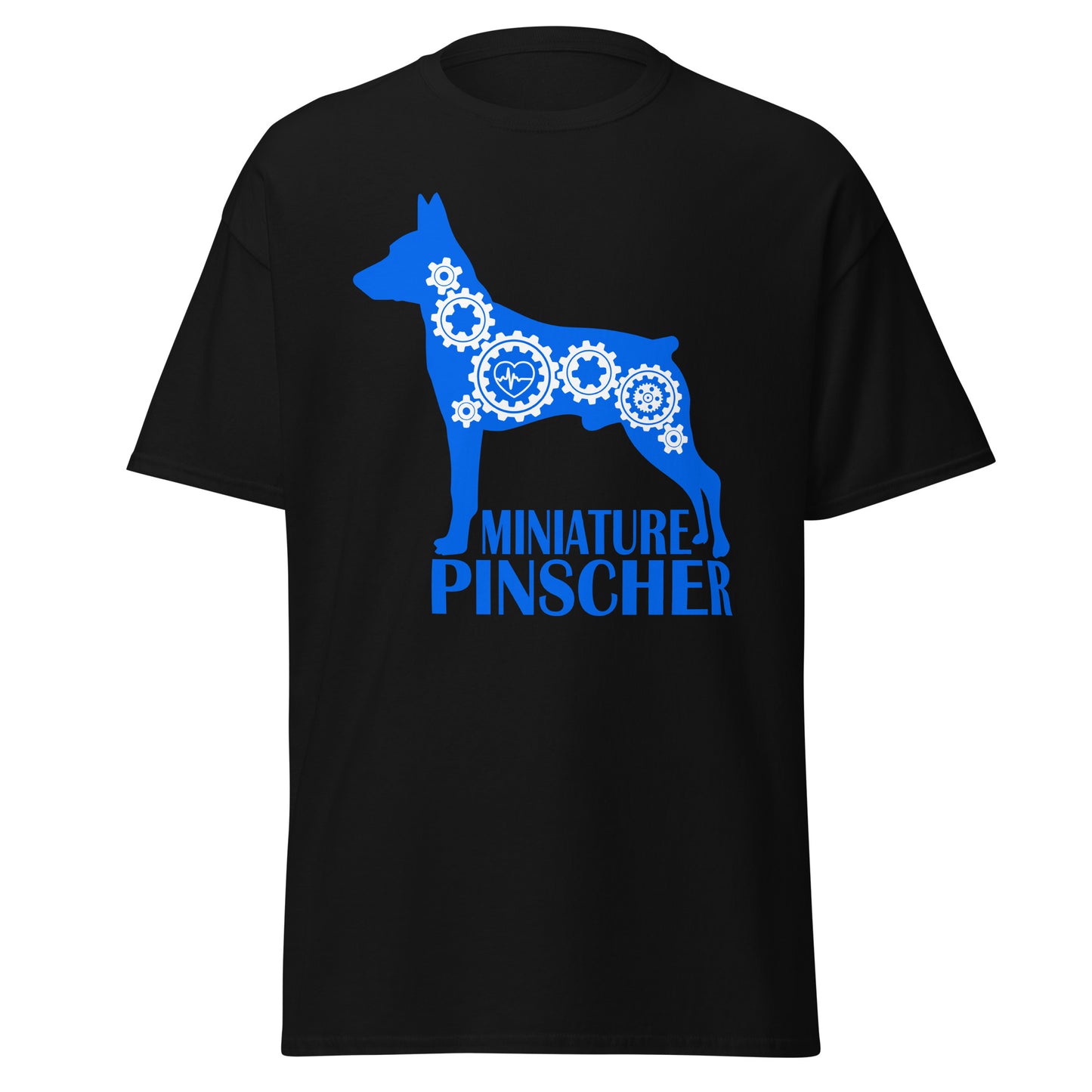 Miniature Pinscher Bionic men’s black t-shirt by Dog Artistry.