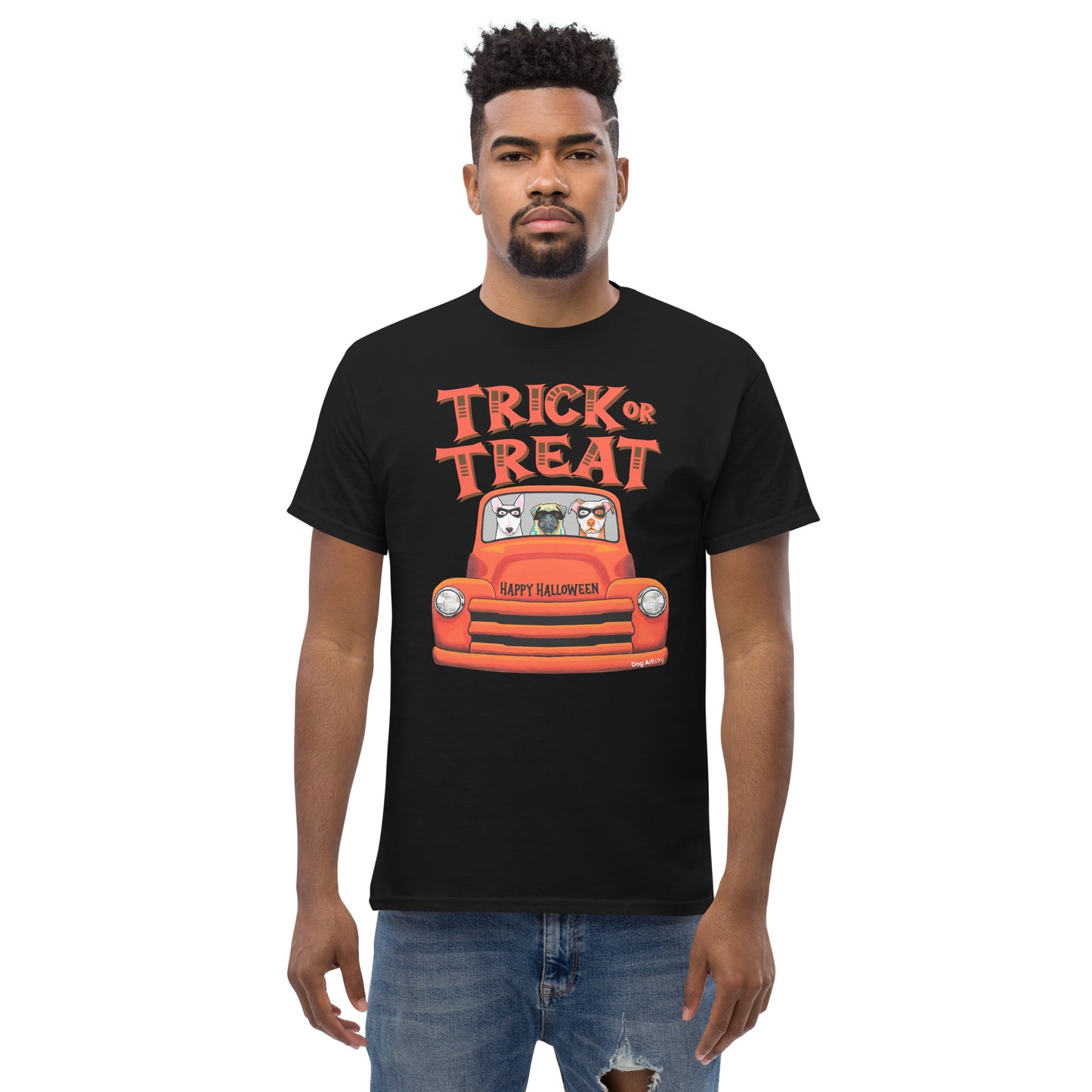 Trick or Treat Halloween old orange truck with English Bull Terrier, Pug, and American Pit Bull wearing masks men’s black t-shirt by Dog Artistry.