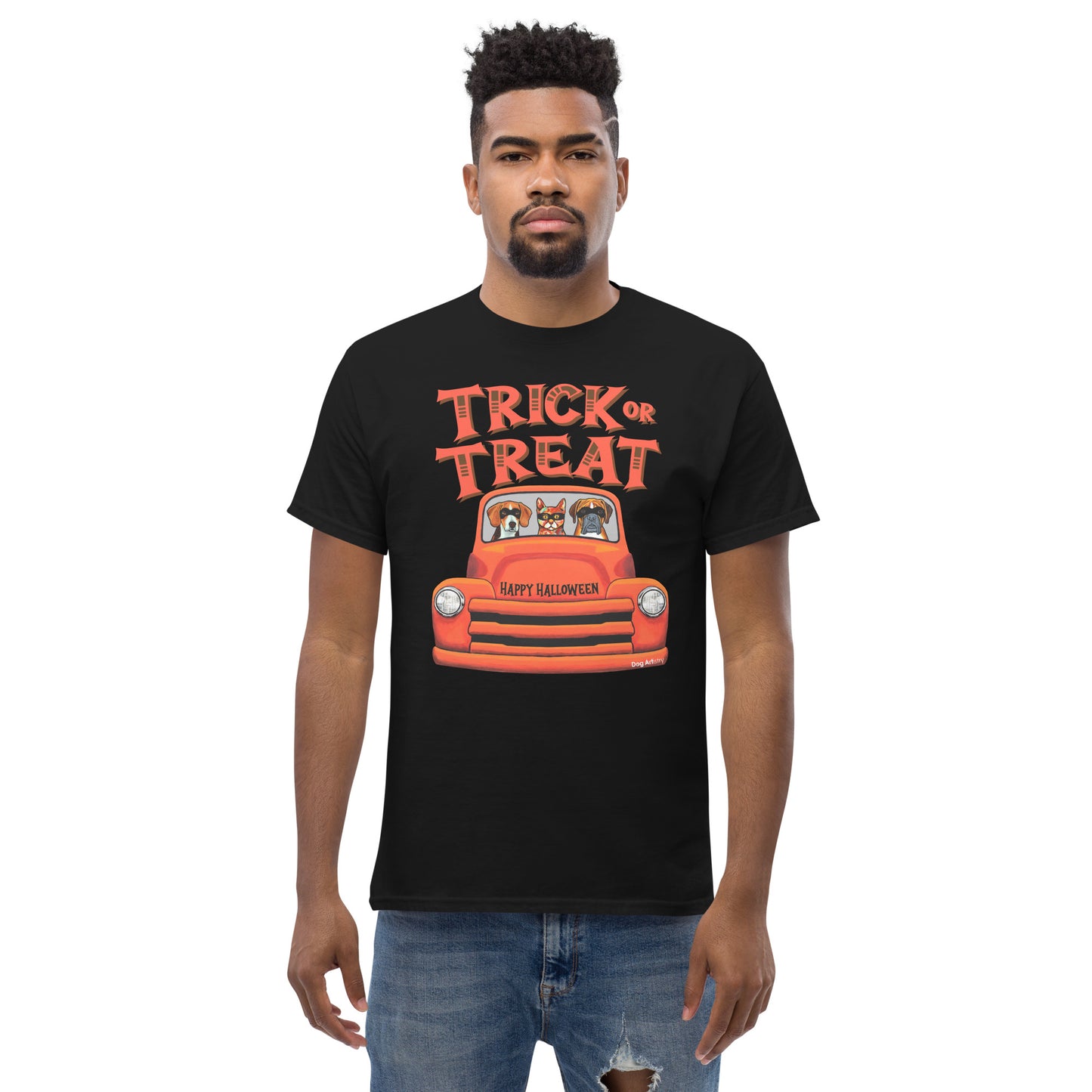 Trick or Treat Halloween old orange truck with Beagle, Cat, and Boxer wearing masks men’s black t-shirt by Dog Artistry.