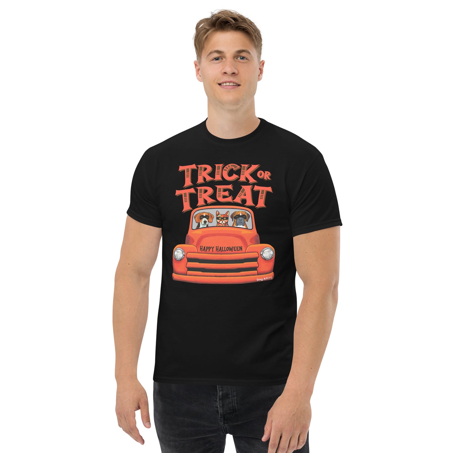 Trick or Treat Halloween old orange truck with Beagle, Cat, and Boxer wearing masks men’s black t-shirt by Dog Artistry.